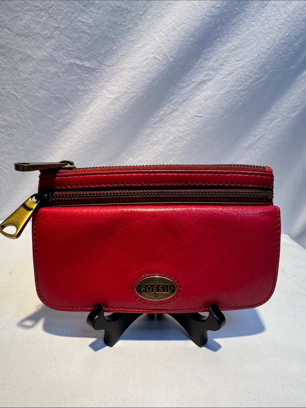Fossil Red Leather Zip Card Wallet with Brass Accents